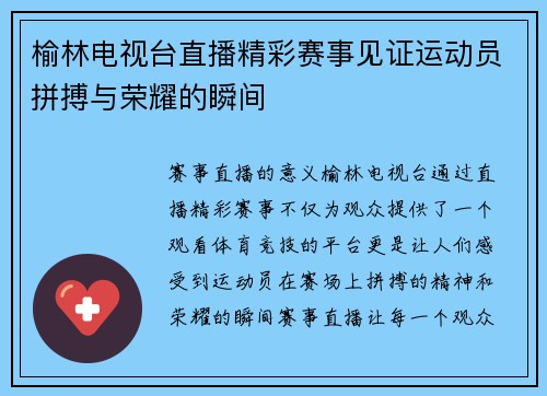 榆林电视台直播精彩赛事见证运动员拼搏与荣耀的瞬间
